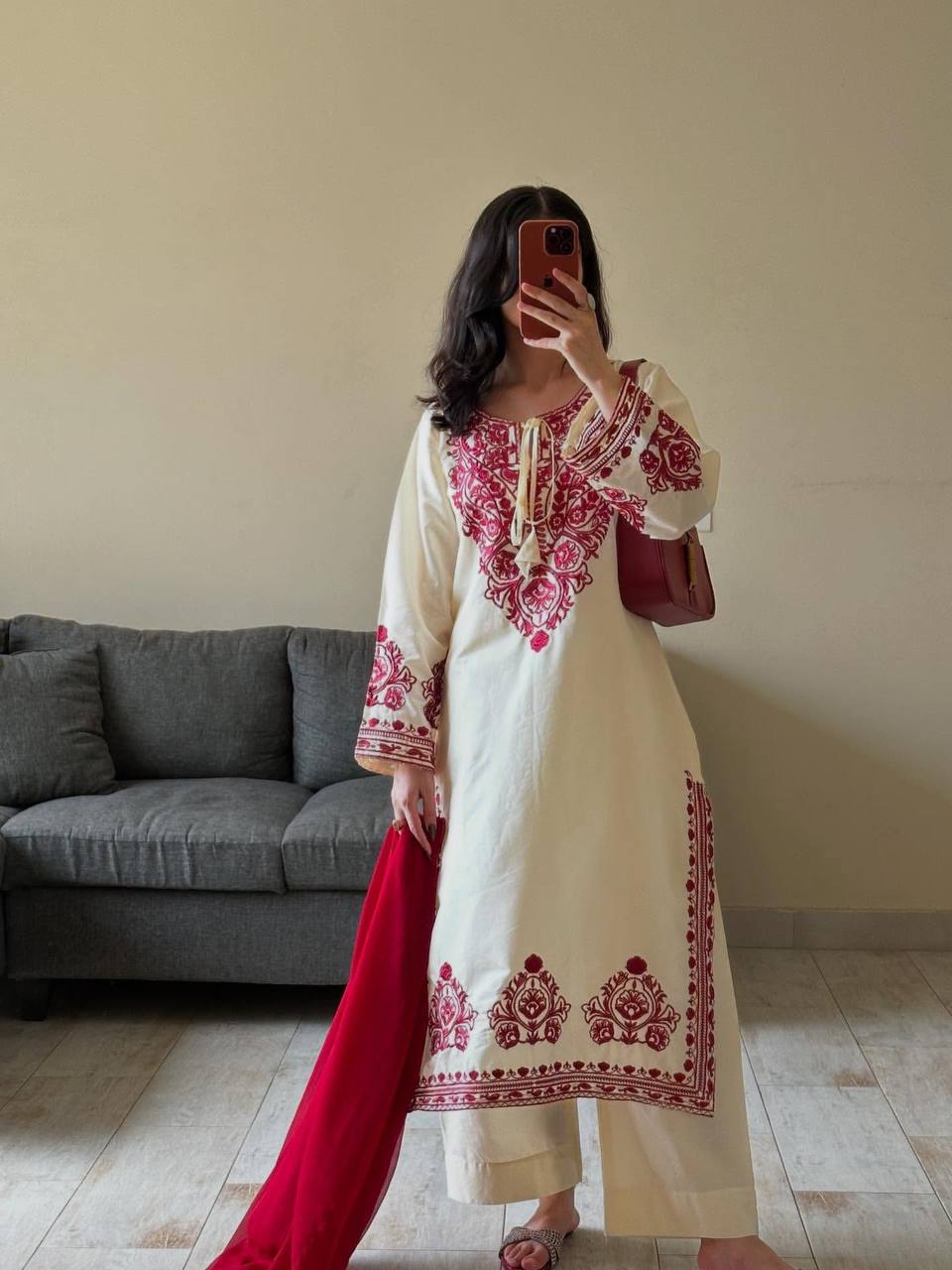 Whait Color Kurta Set With Red Color Embroidery Work | Krushi Life Style