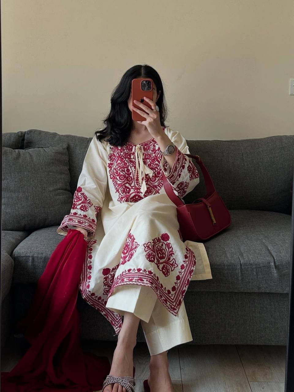 Whait Color Kurta Set With Red Color Embroidery Work | Krushi Life Style