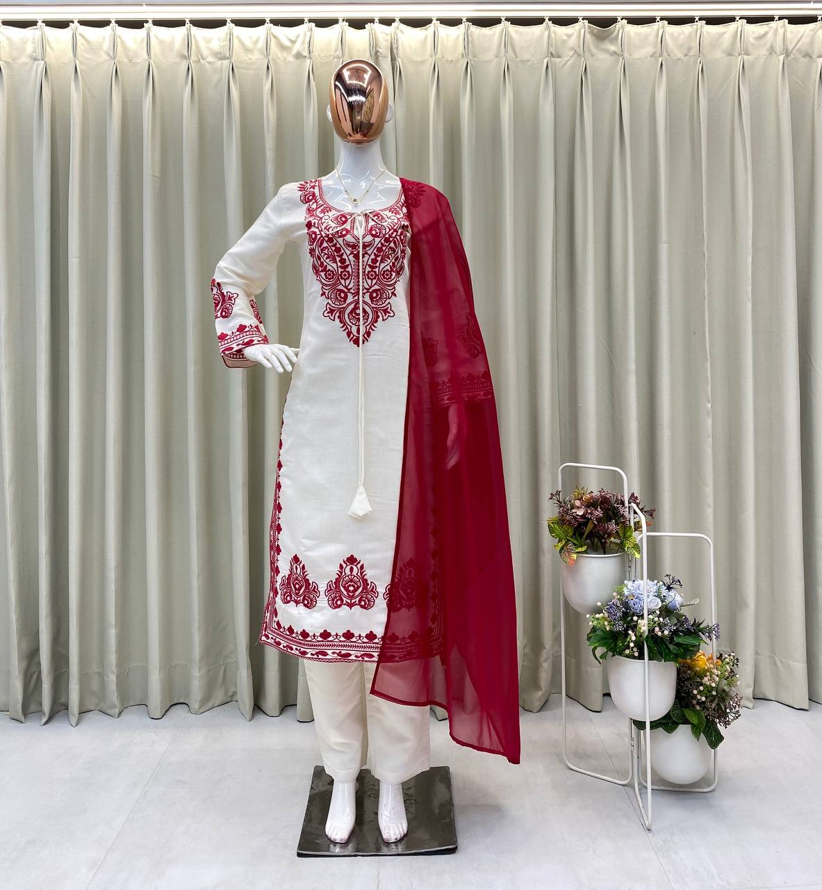 Whait Color Kurta Set With Red Color Embroidery Work | Krushi Life Style