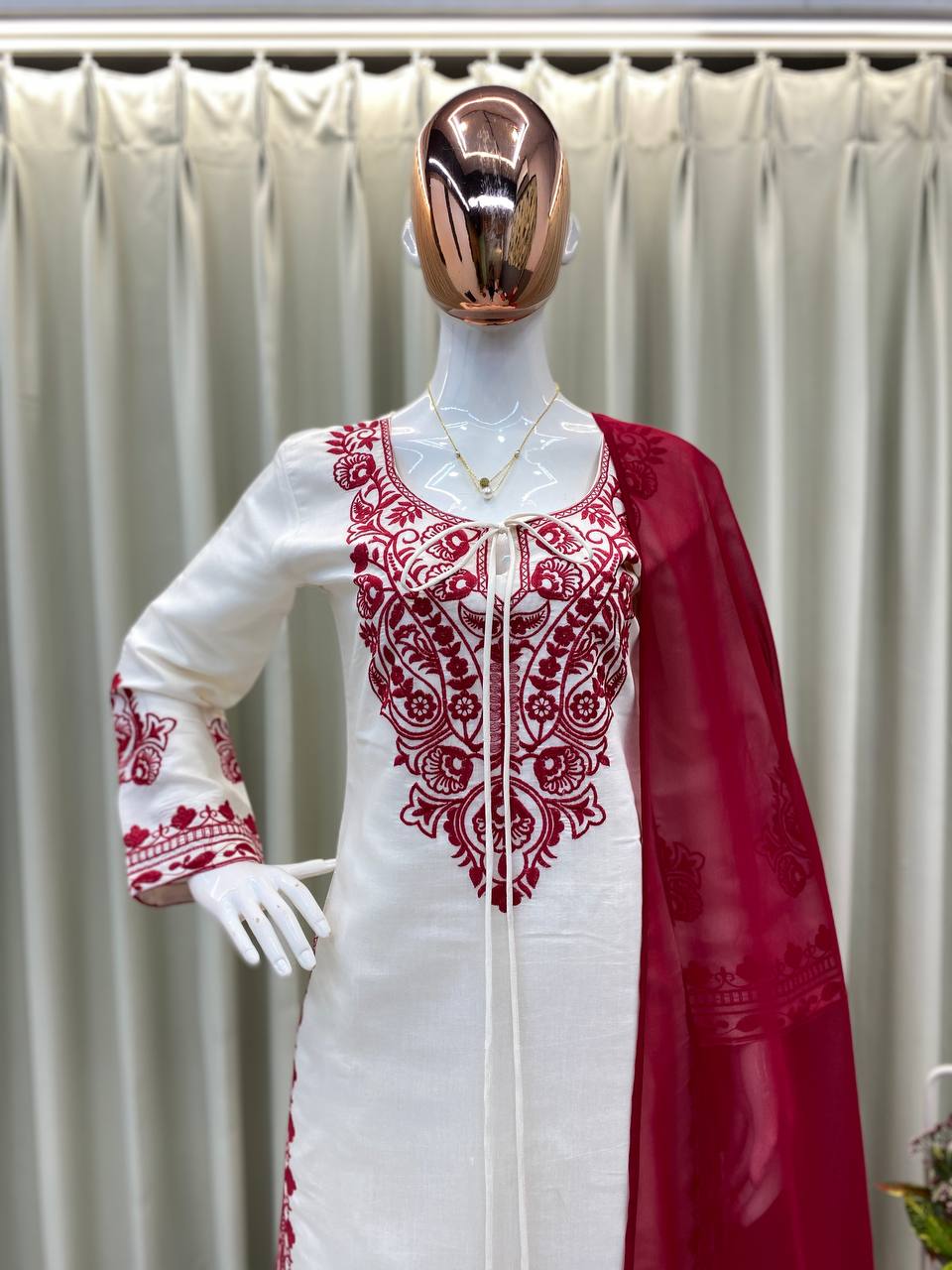 Whait Color Kurta Set With Red Color Embroidery Work | Krushi Life Style