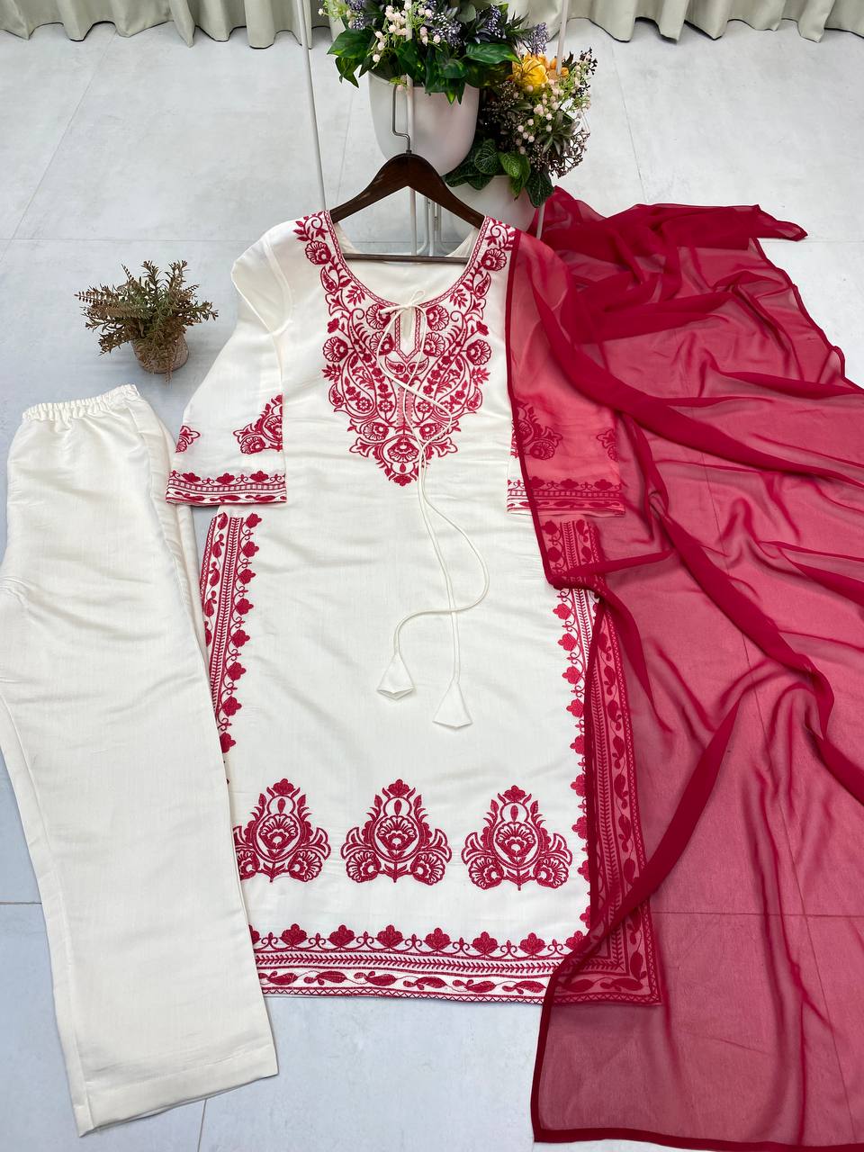 Whait Color Kurta Set With Red Color Embroidery Work | Krushi Life Style