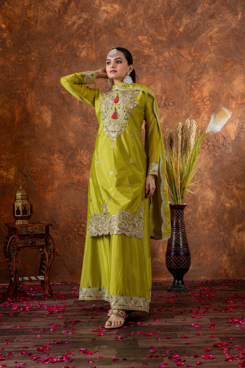 "Royal Radiance: Embroidered Sharara Suit Collection in Lavender, Lime & Blush | Krushi Life Style "