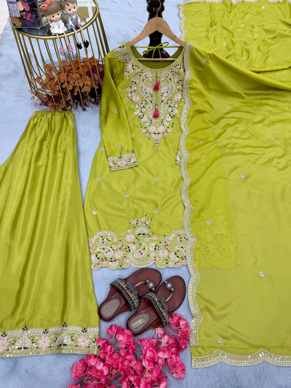 "Royal Radiance: Embroidered Sharara Suit Collection in Lavender, Lime & Blush | Krushi Life Style "