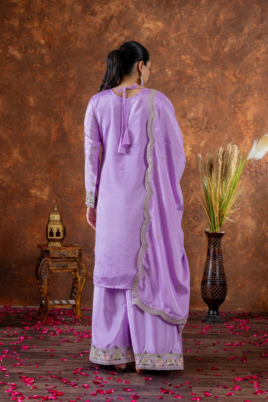 "Royal Radiance: Embroidered Sharara Suit Collection in Lavender, Lime & Blush | Krushi Life Style "