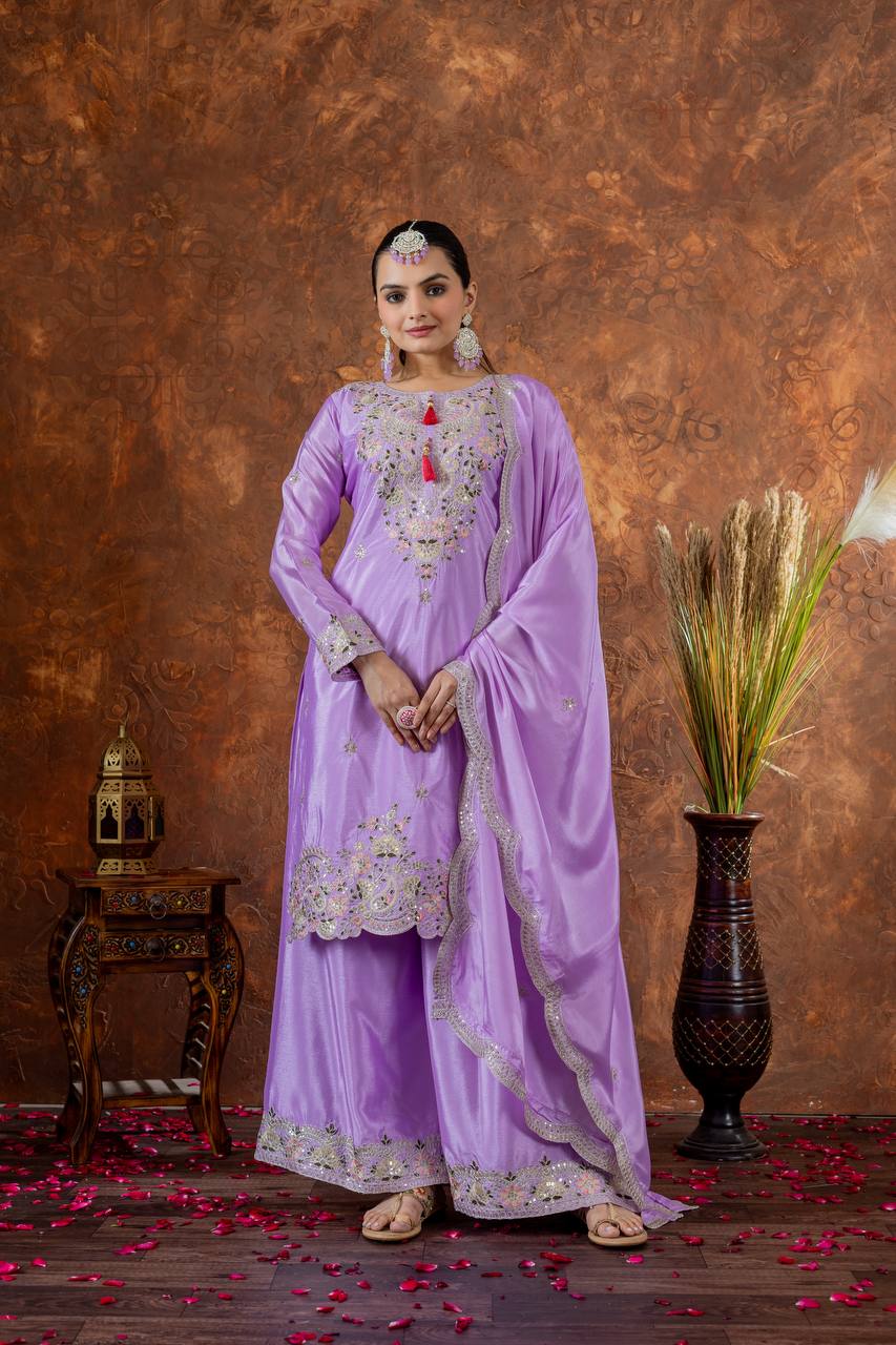 "Royal Radiance: Embroidered Sharara Suit Collection in Lavender, Lime & Blush | Krushi Life Style "
