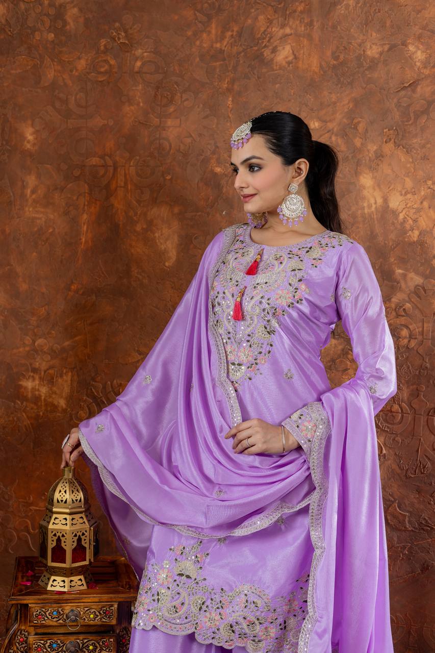 "Royal Radiance: Embroidered Sharara Suit Collection in Lavender, Lime & Blush | Krushi Life Style "