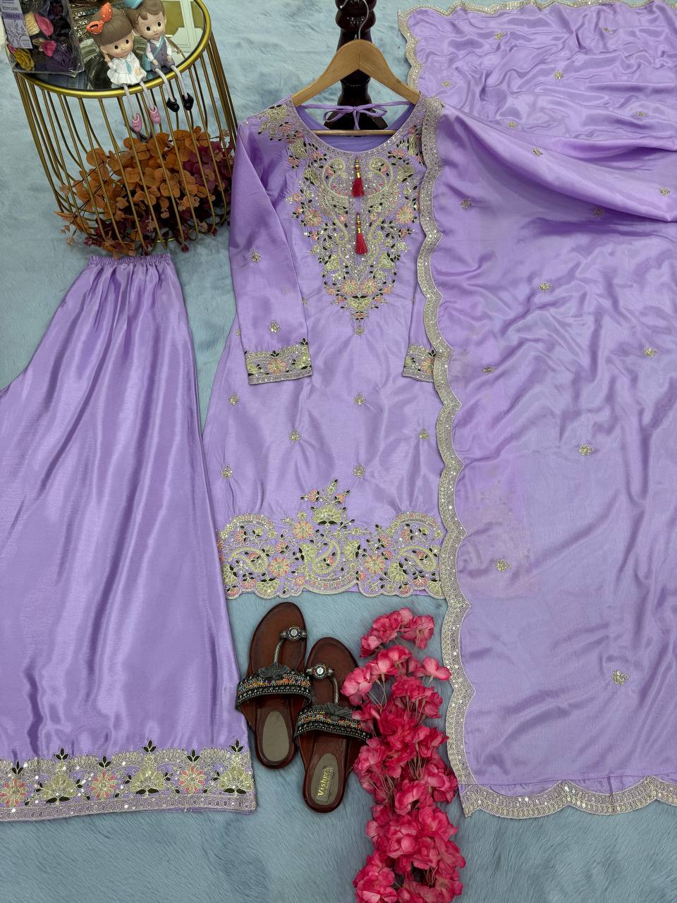 "Royal Radiance: Embroidered Sharara Suit Collection in Lavender, Lime & Blush | Krushi Life Style "