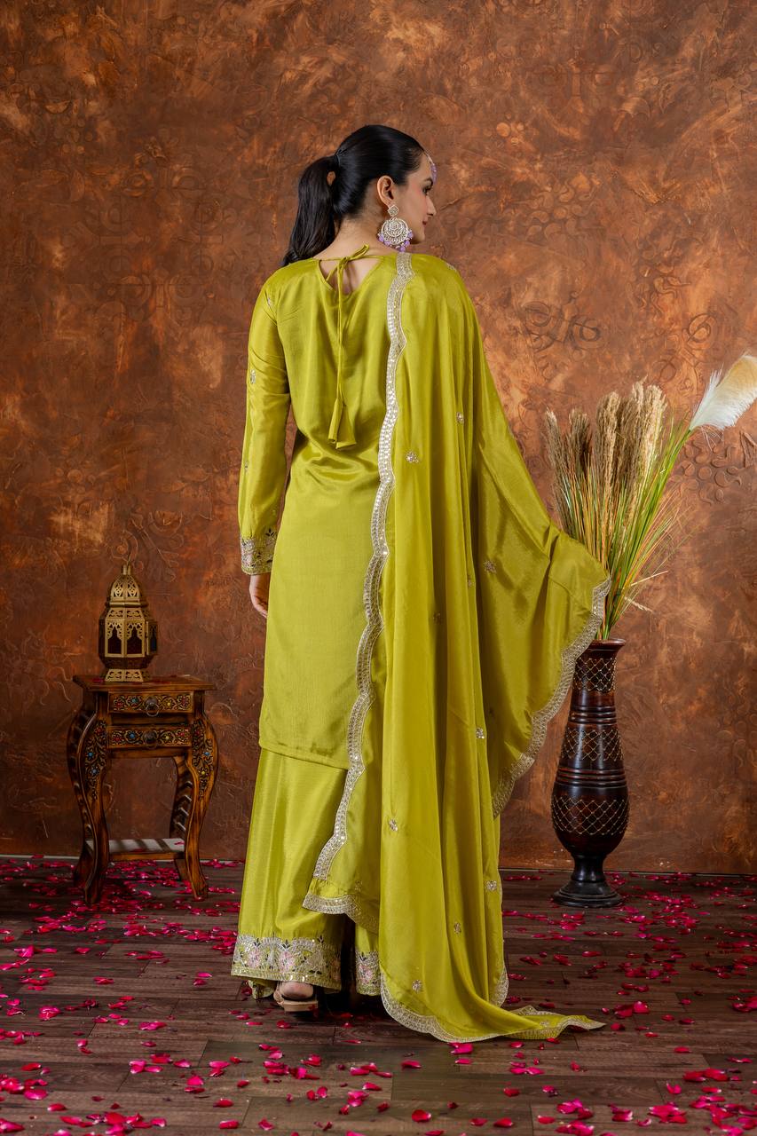 "Royal Radiance: Embroidered Sharara Suit Collection in Lavender, Lime & Blush | Krushi Life Style "