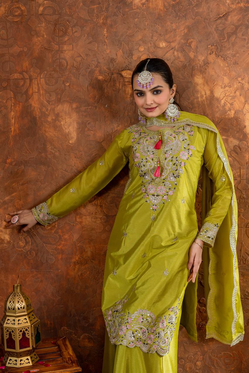"Royal Radiance: Embroidered Sharara Suit Collection in Lavender, Lime & Blush | Krushi Life Style "