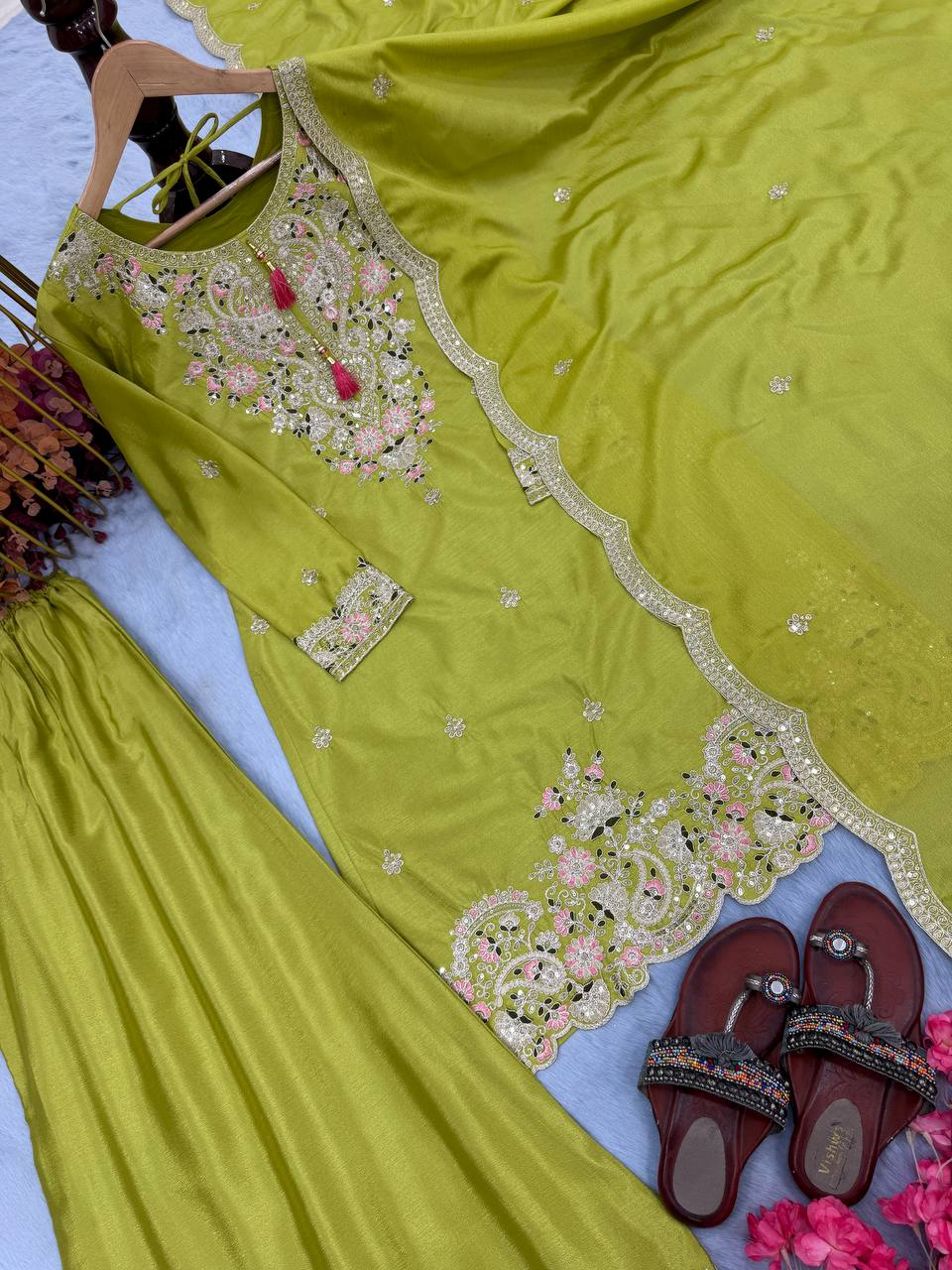 "Royal Radiance: Embroidered Sharara Suit Collection in Lavender, Lime & Blush | Krushi Life Style "