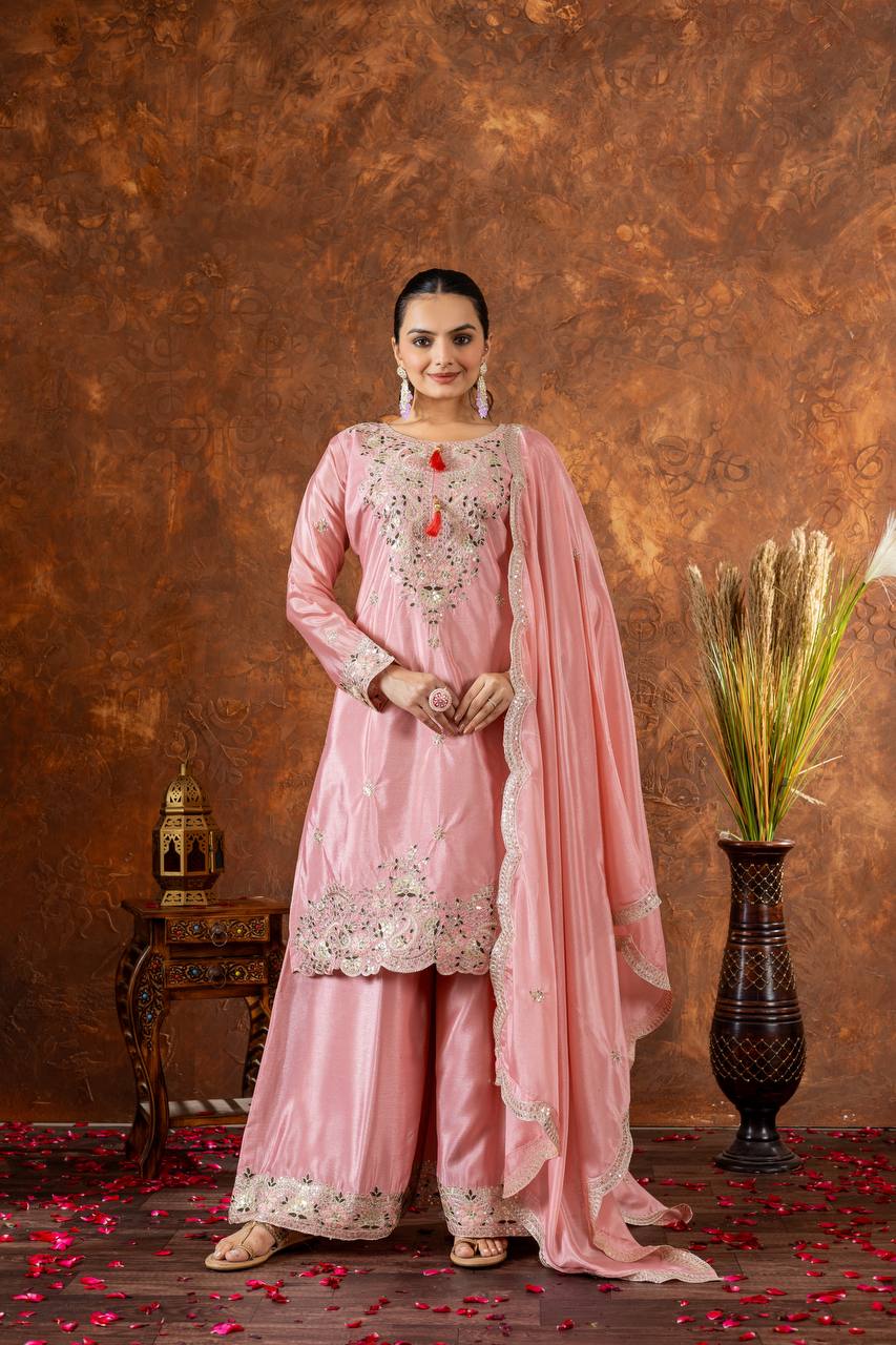 "Royal Radiance: Embroidered Sharara Suit Collection in Lavender, Lime & Blush | Krushi Life Style "