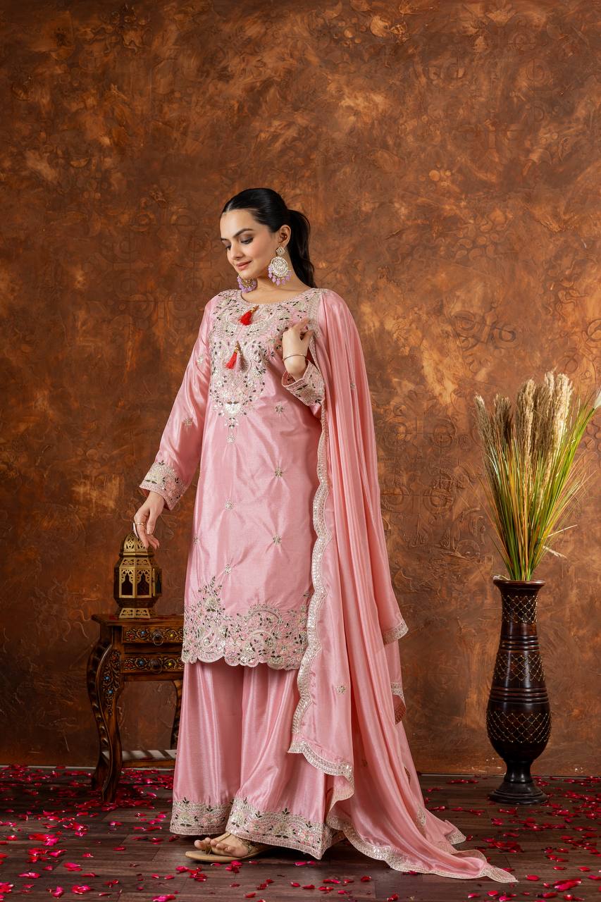 "Royal Radiance: Embroidered Sharara Suit Collection in Lavender, Lime & Blush | Krushi Life Style "