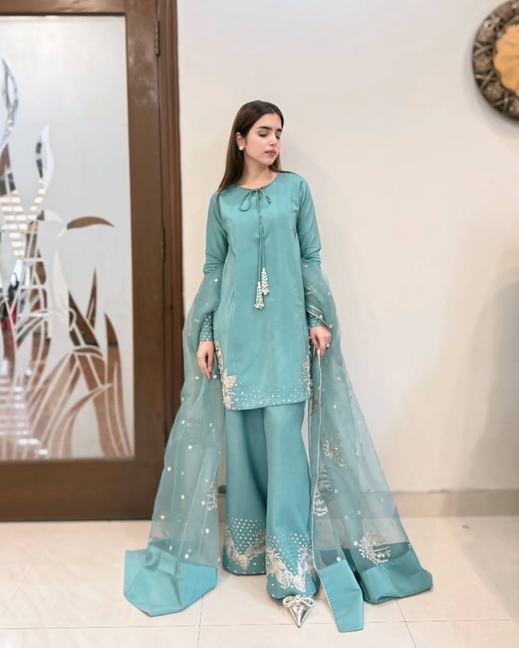 "Serene Teal Designer Kurta Set with Floral Accents | Krushi Life Style "