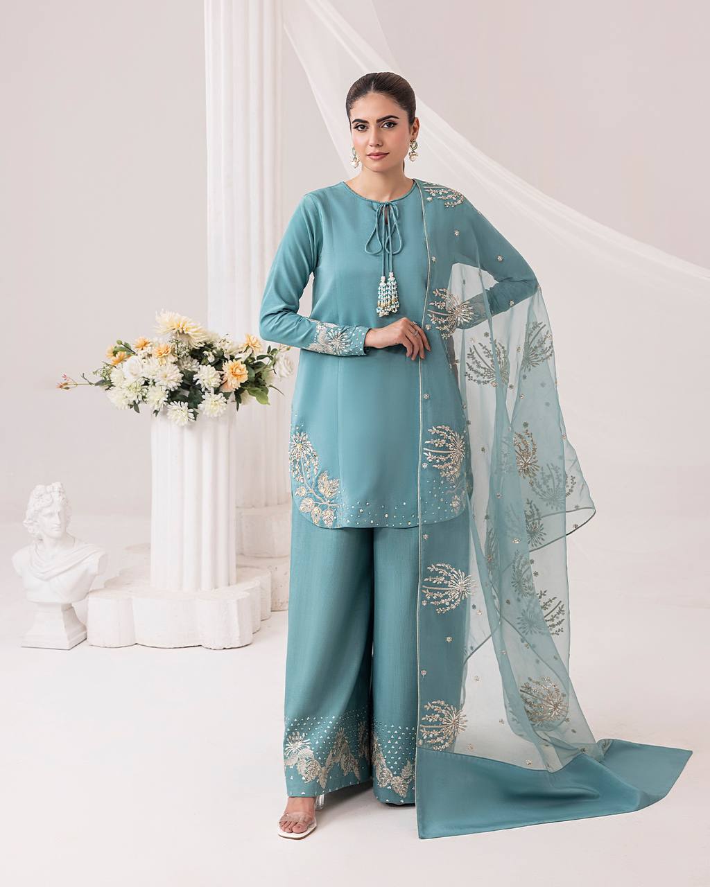 "Serene Teal Designer Kurta Set with Floral Accents | Krushi Life Style "