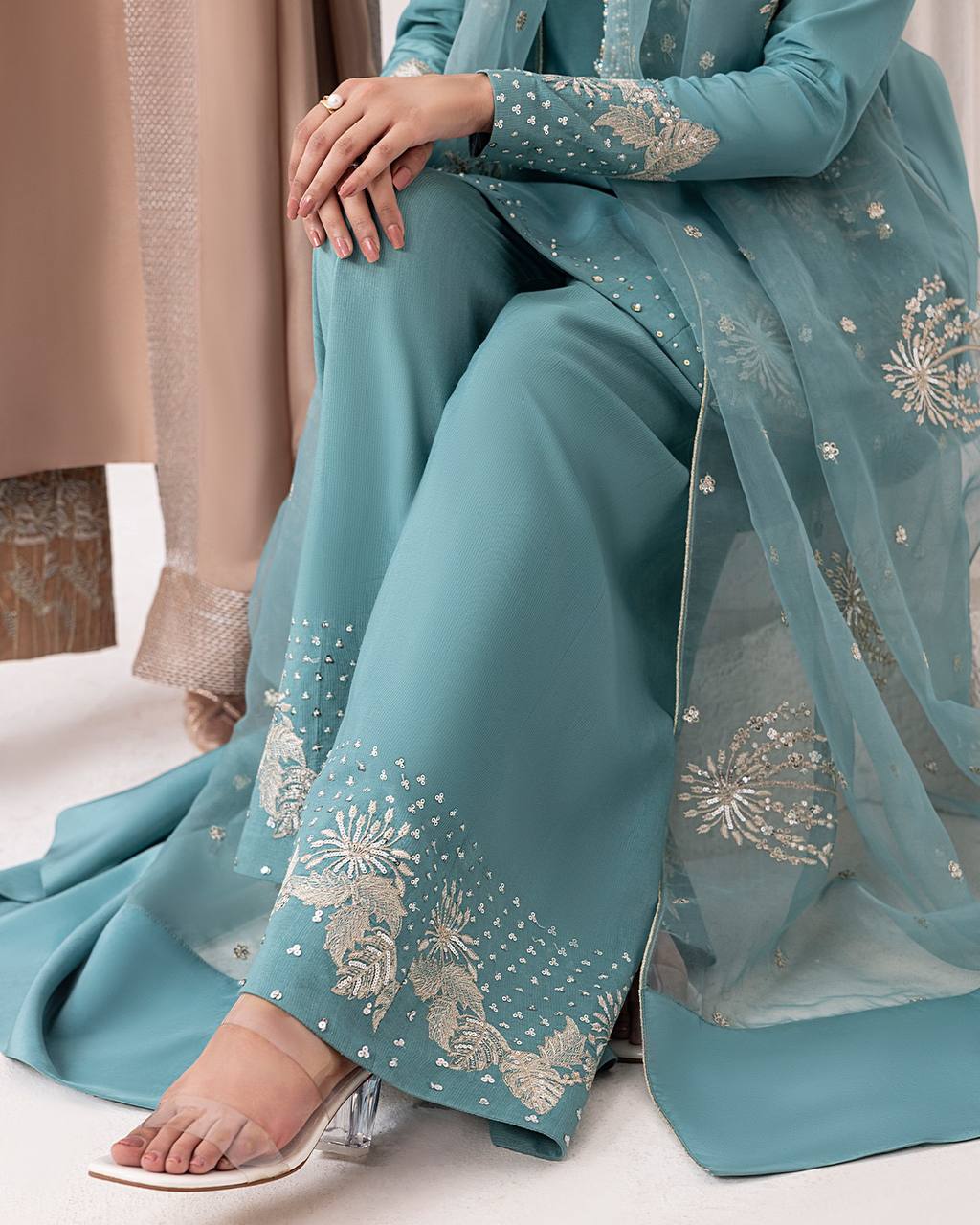 "Serene Teal Designer Kurta Set with Floral Accents | Krushi Life Style "