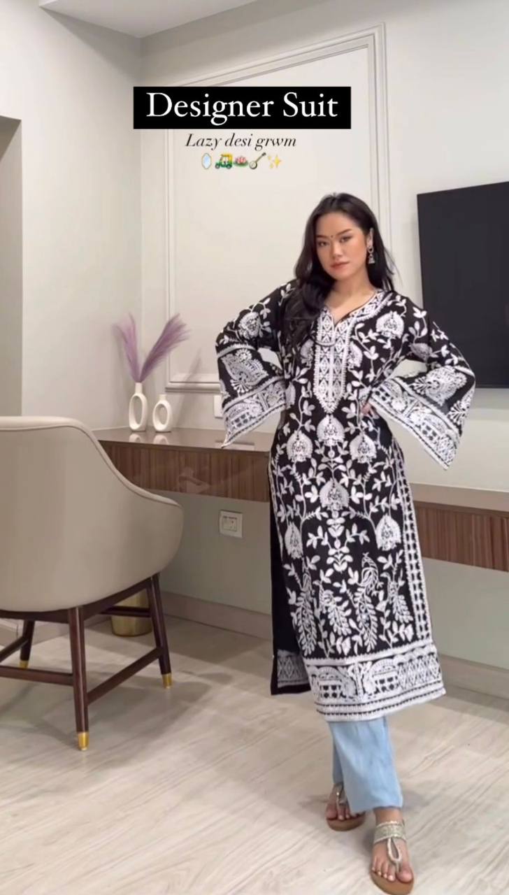 "Royal Black Threadwork Kurta with Pant| Krushi Life Style  "