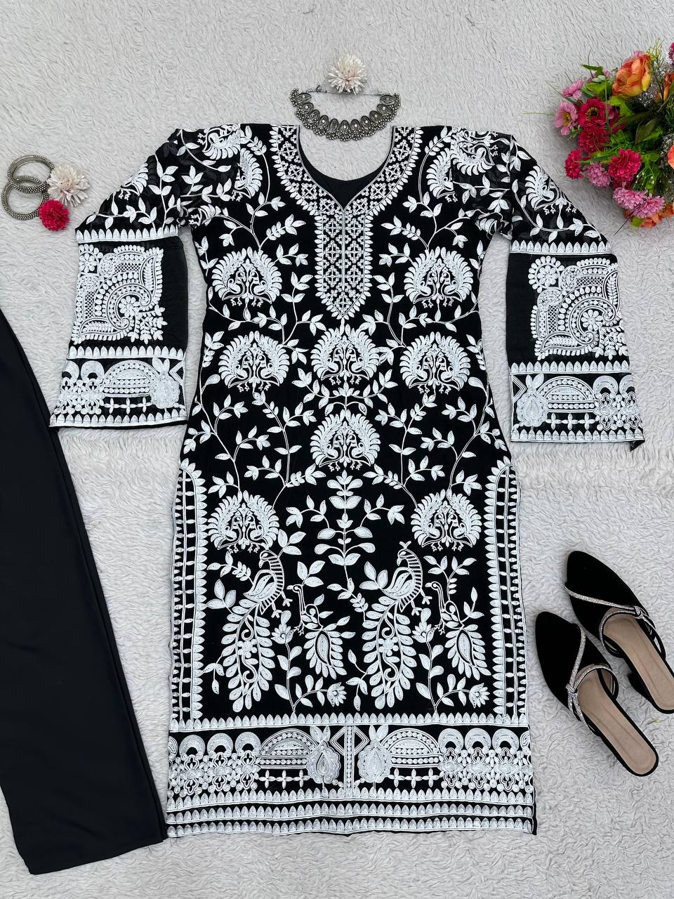 "Royal Black Threadwork Kurta with Pant| Krushi Life Style  "