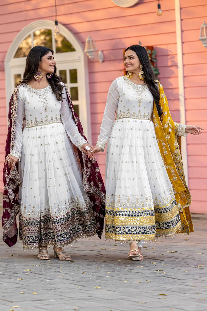 "Classic White Anarkali with Rich Dupatta Contrast | Krushi Life Style"