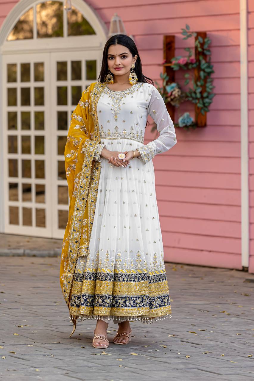 "Classic White Anarkali with Rich Dupatta Contrast | Krushi Life Style"