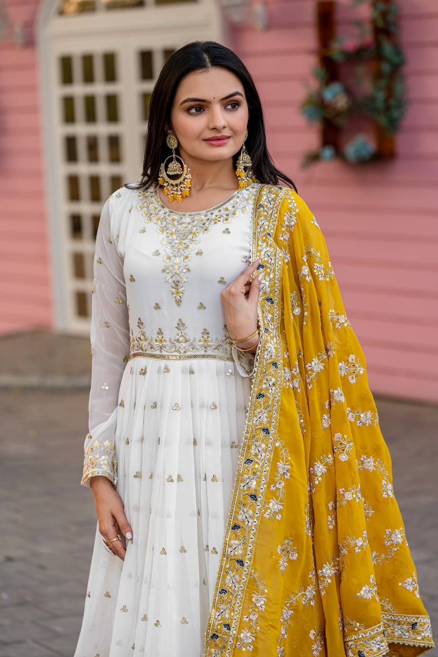 "Classic White Anarkali with Rich Dupatta Contrast | Krushi Life Style"