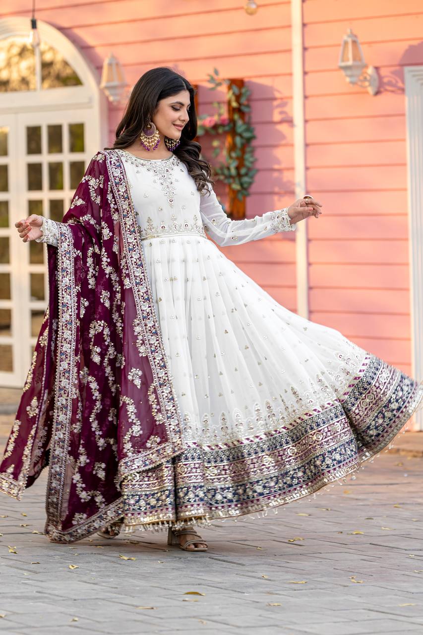 "Classic White Anarkali with Rich Dupatta Contrast | Krushi Life Style"