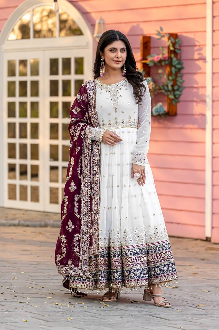 "Classic White Anarkali with Rich Dupatta Contrast | Krushi Life Style"