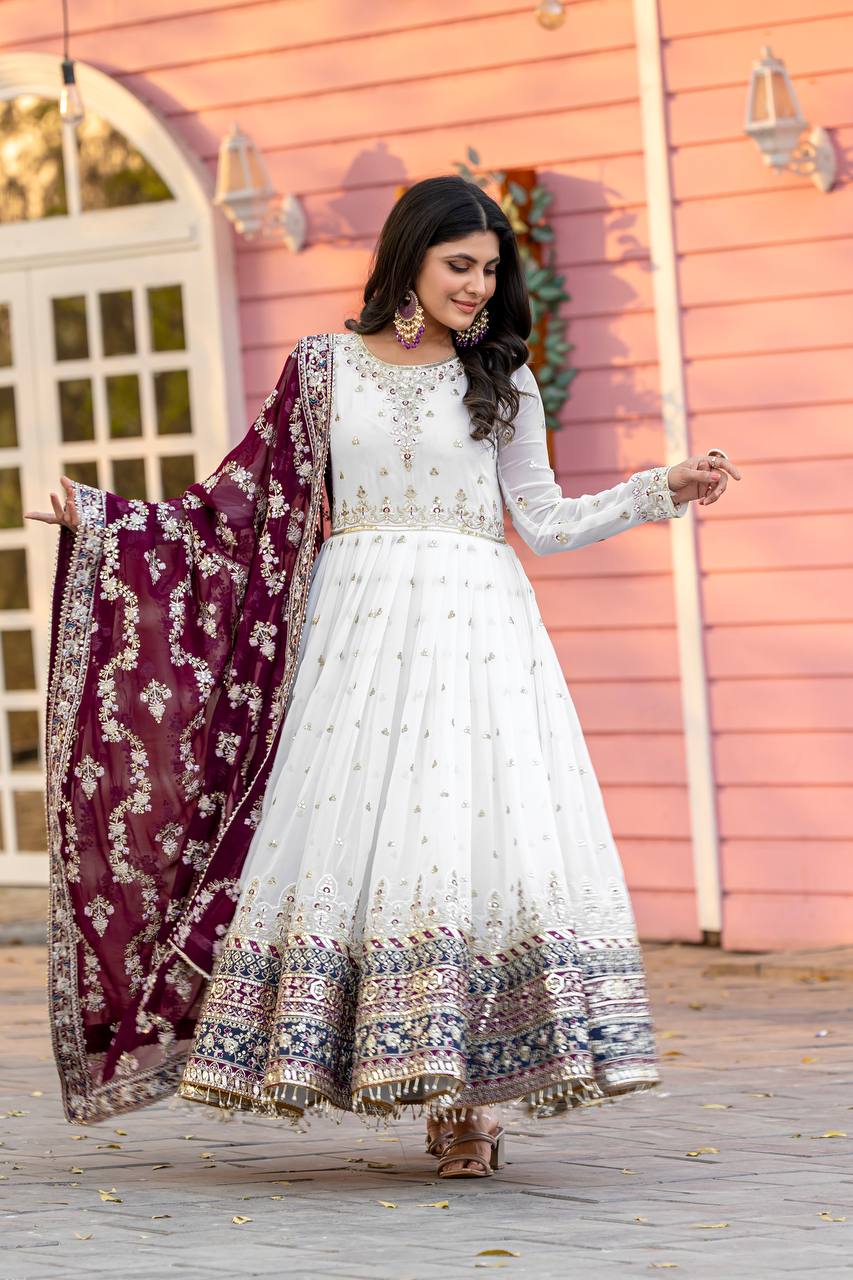 "Classic White Anarkali with Rich Dupatta Contrast | Krushi Life Style"