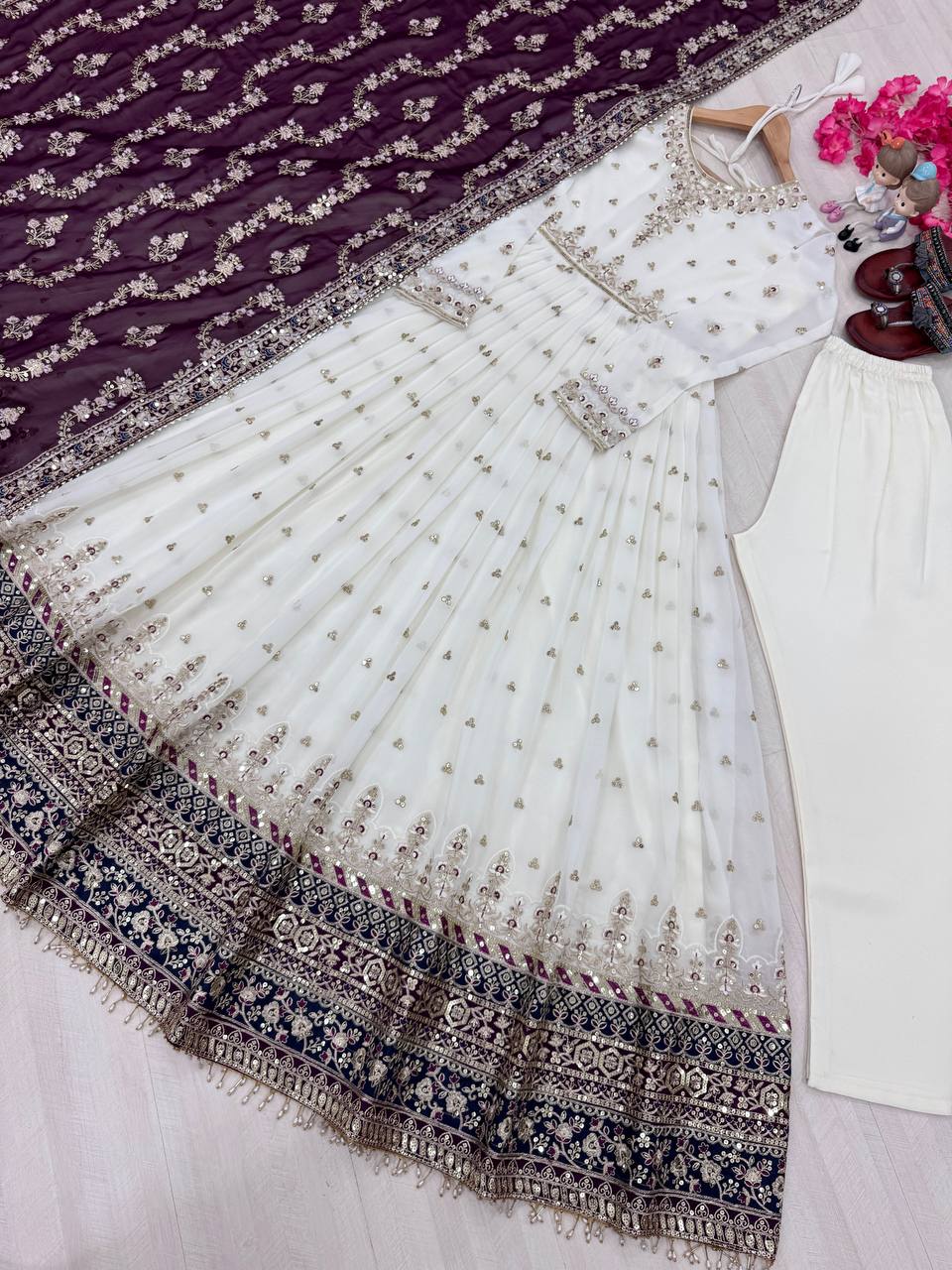 "Classic White Anarkali with Rich Dupatta Contrast | Krushi Life Style"