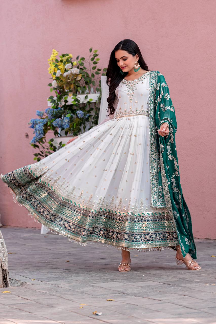 "Classic White Anarkali with Rich Dupatta Contrast | Krushi Life Style"