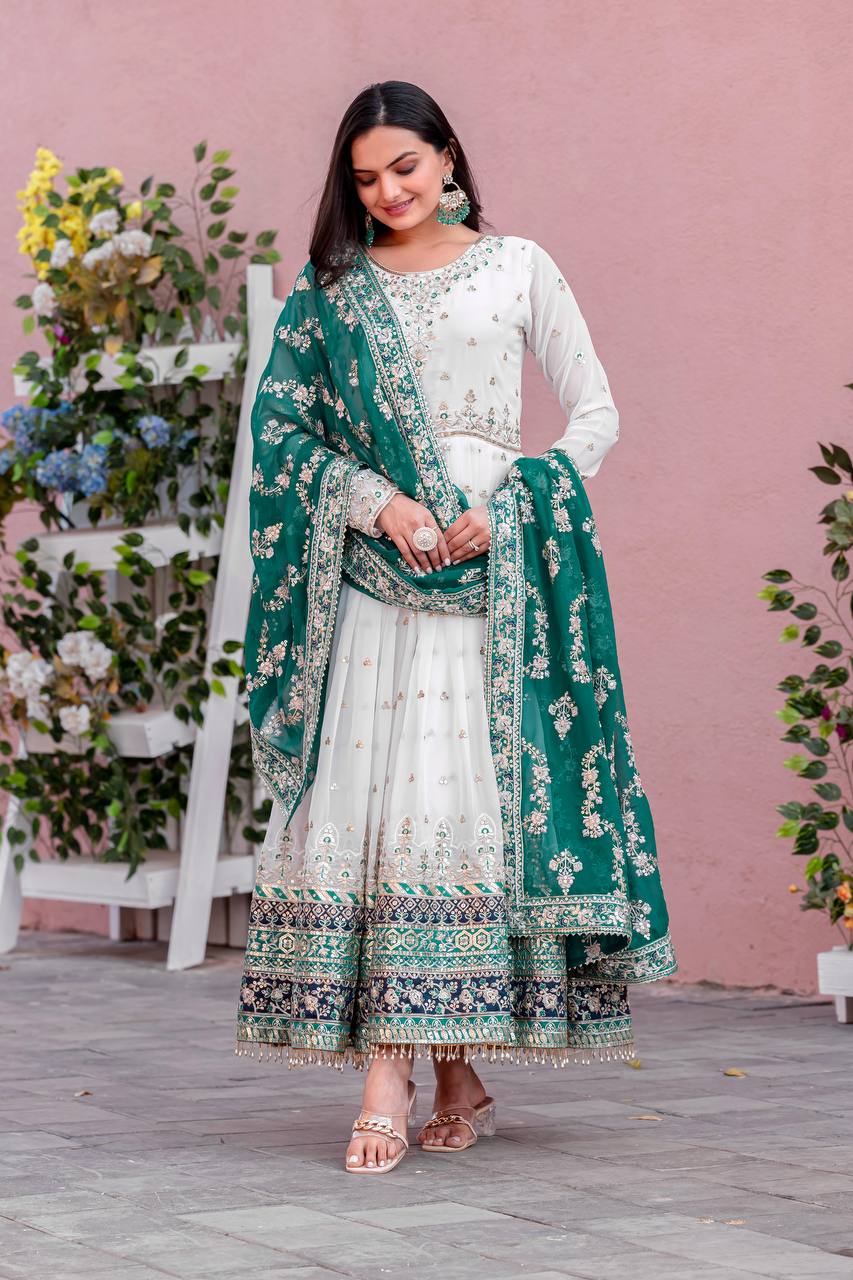 "Classic White Anarkali with Rich Dupatta Contrast | Krushi Life Style"