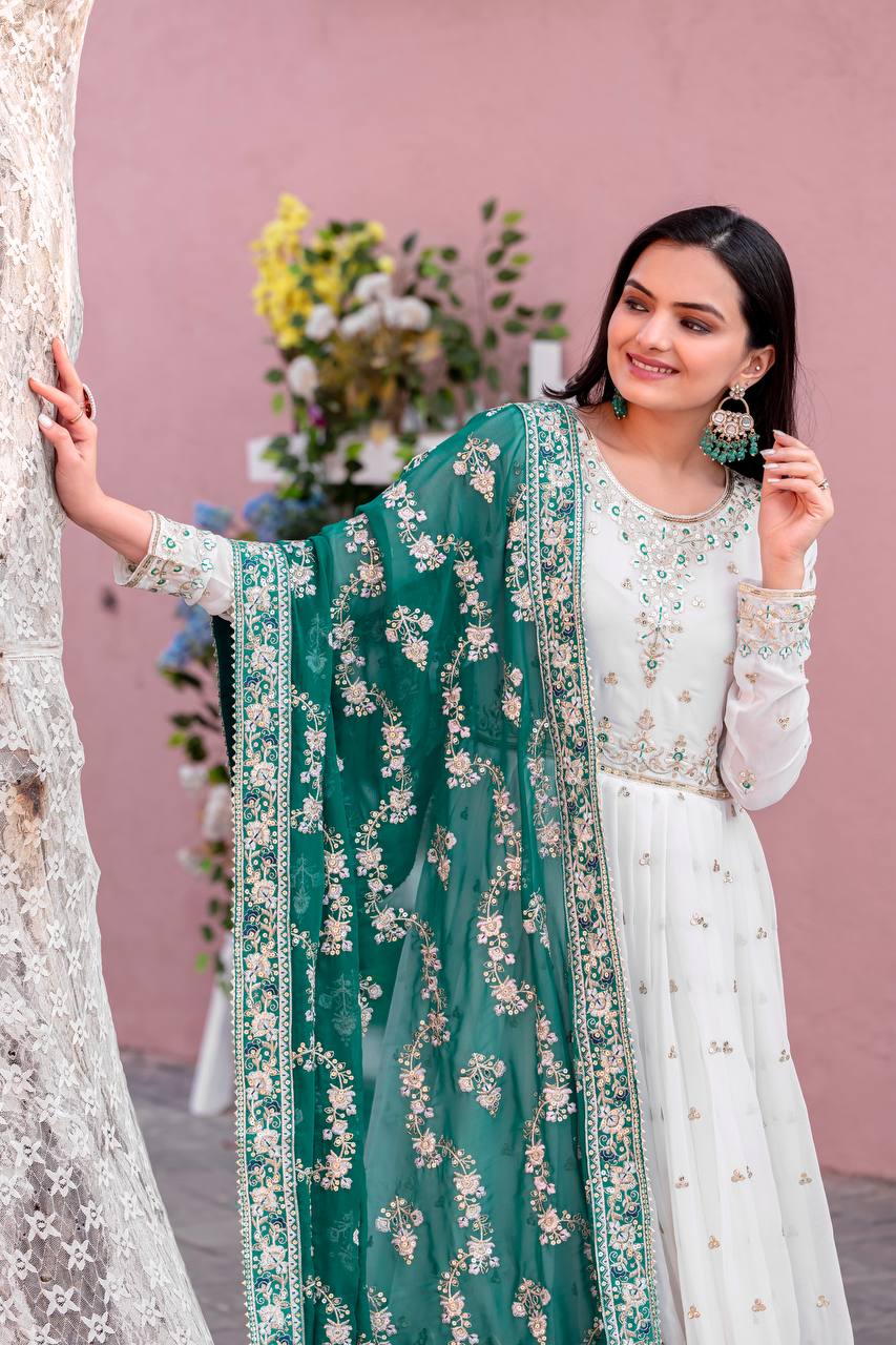 "Classic White Anarkali with Rich Dupatta Contrast | Krushi Life Style"