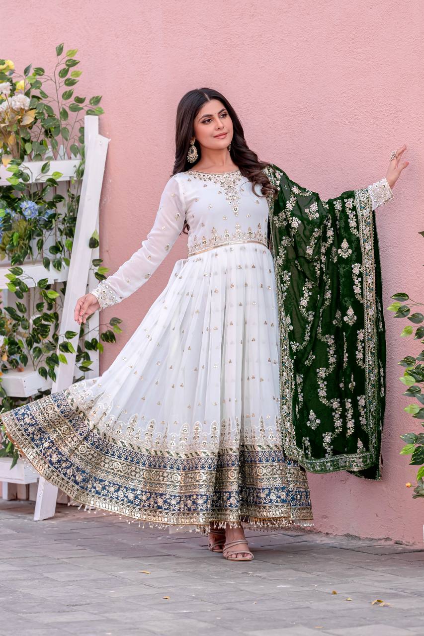 "Classic White Anarkali with Rich Dupatta Contrast | Krushi Life Style"