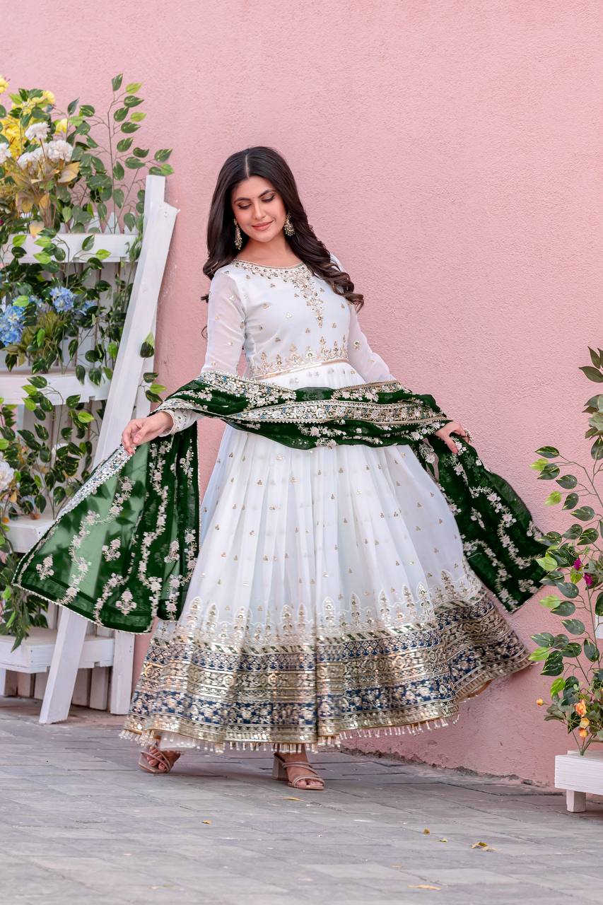"Classic White Anarkali with Rich Dupatta Contrast | Krushi Life Style"