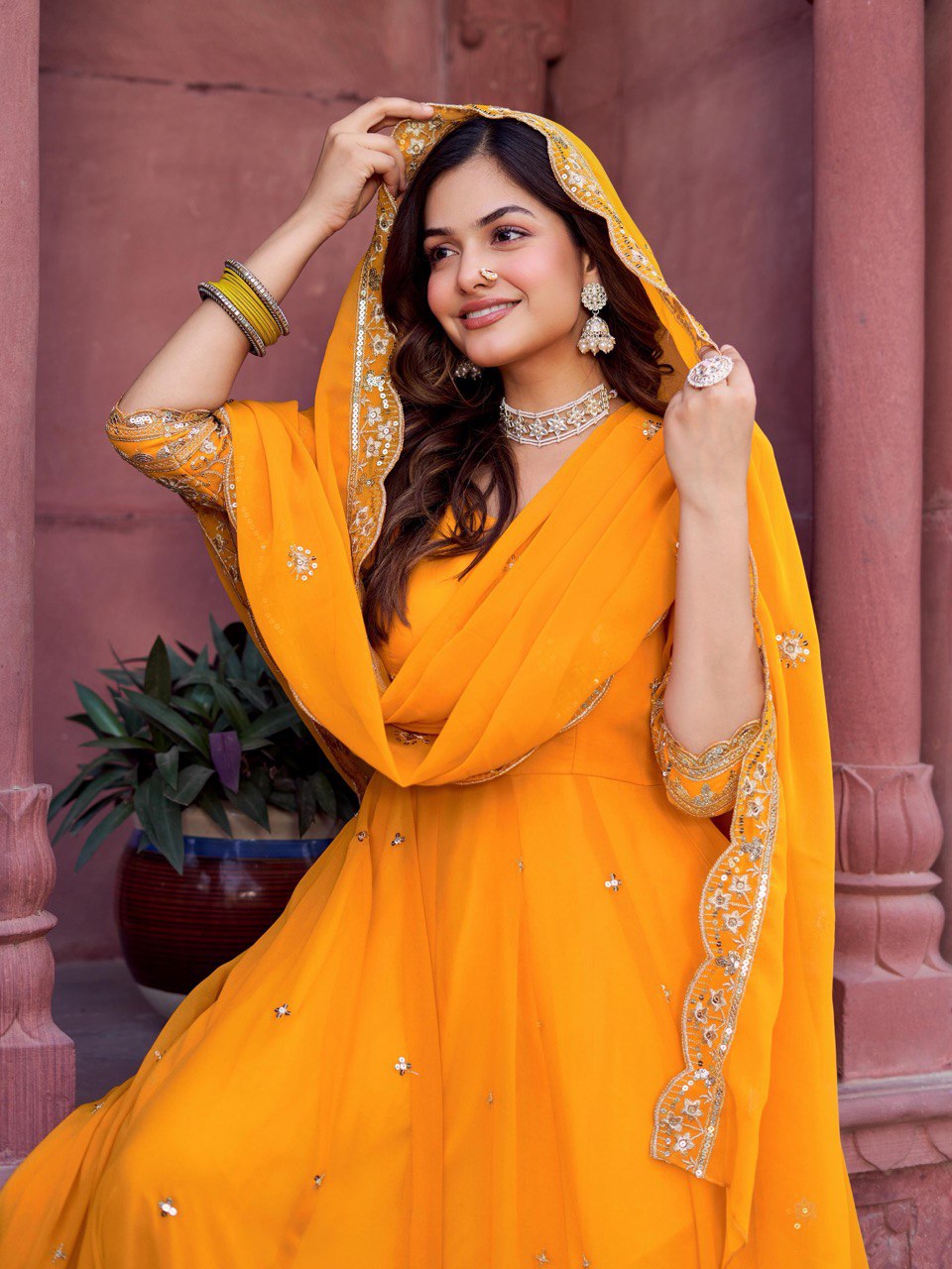 "Embroidered Gown with Pant and Dupatta Set | Krushi Life Style