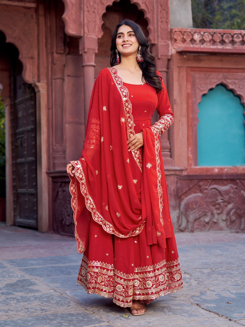 "Embroidered Gown with Pant and Dupatta Set | Krushi Life Style