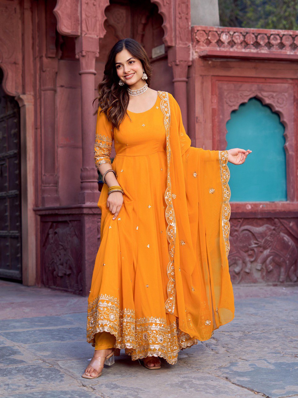 "Embroidered Gown with Pant and Dupatta Set | Krushi Life Style
