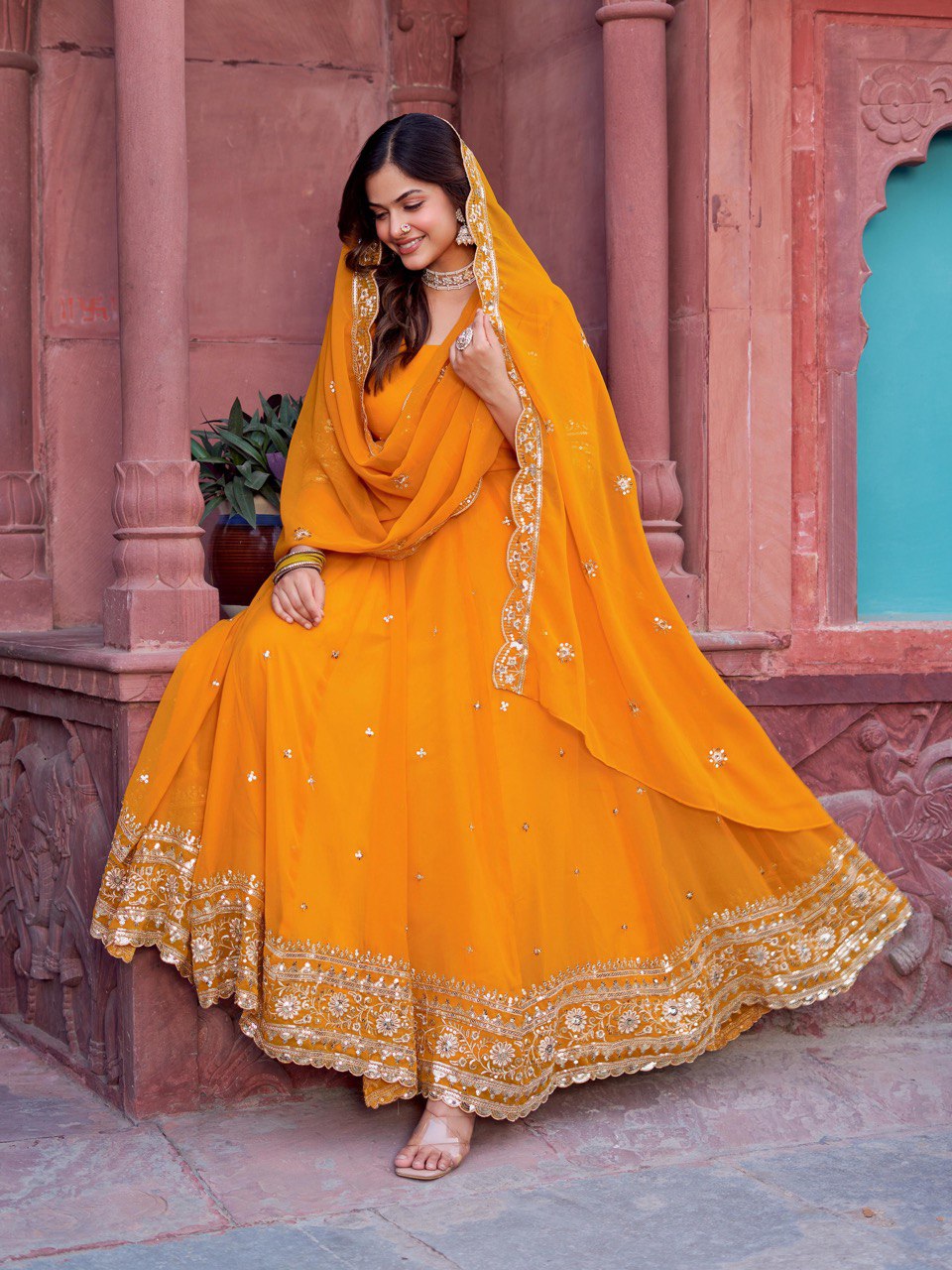 "Embroidered Gown with Pant and Dupatta Set | Krushi Life Style