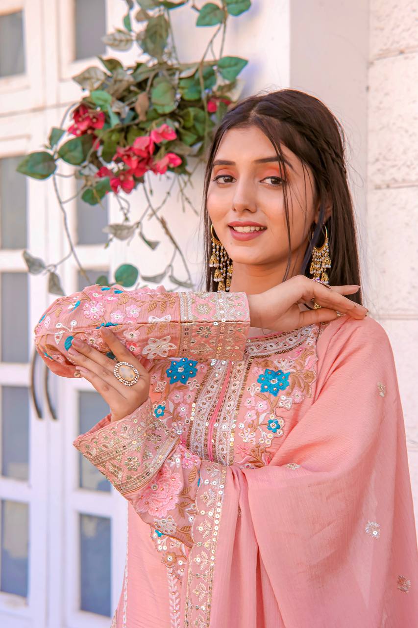 "Launching New 🦋 Đěsigner Party Wear Look Pur Chinon Silk Top Plazzo & Dupatta Set"
