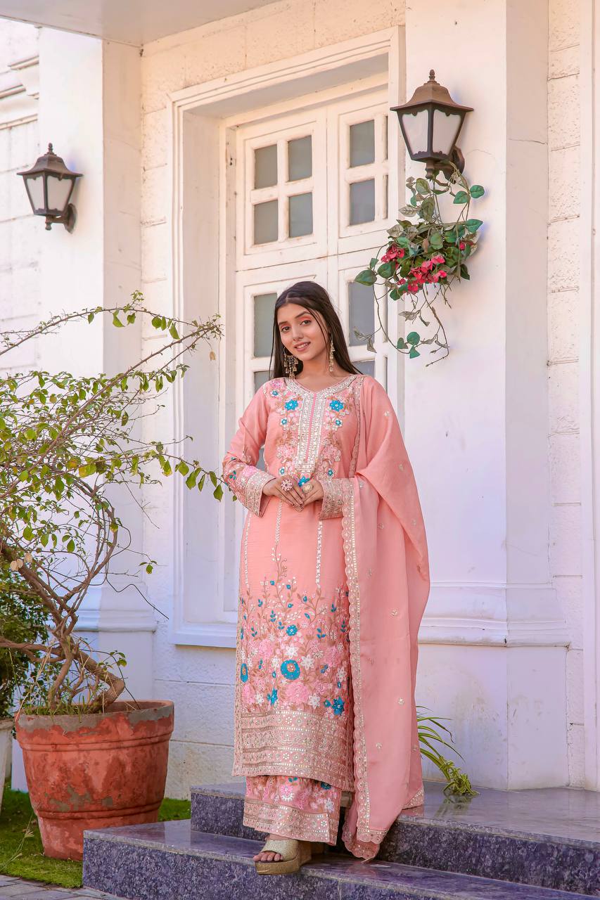 "Launching New 🦋 Đěsigner Party Wear Look Pur Chinon Silk Top Plazzo & Dupatta Set"