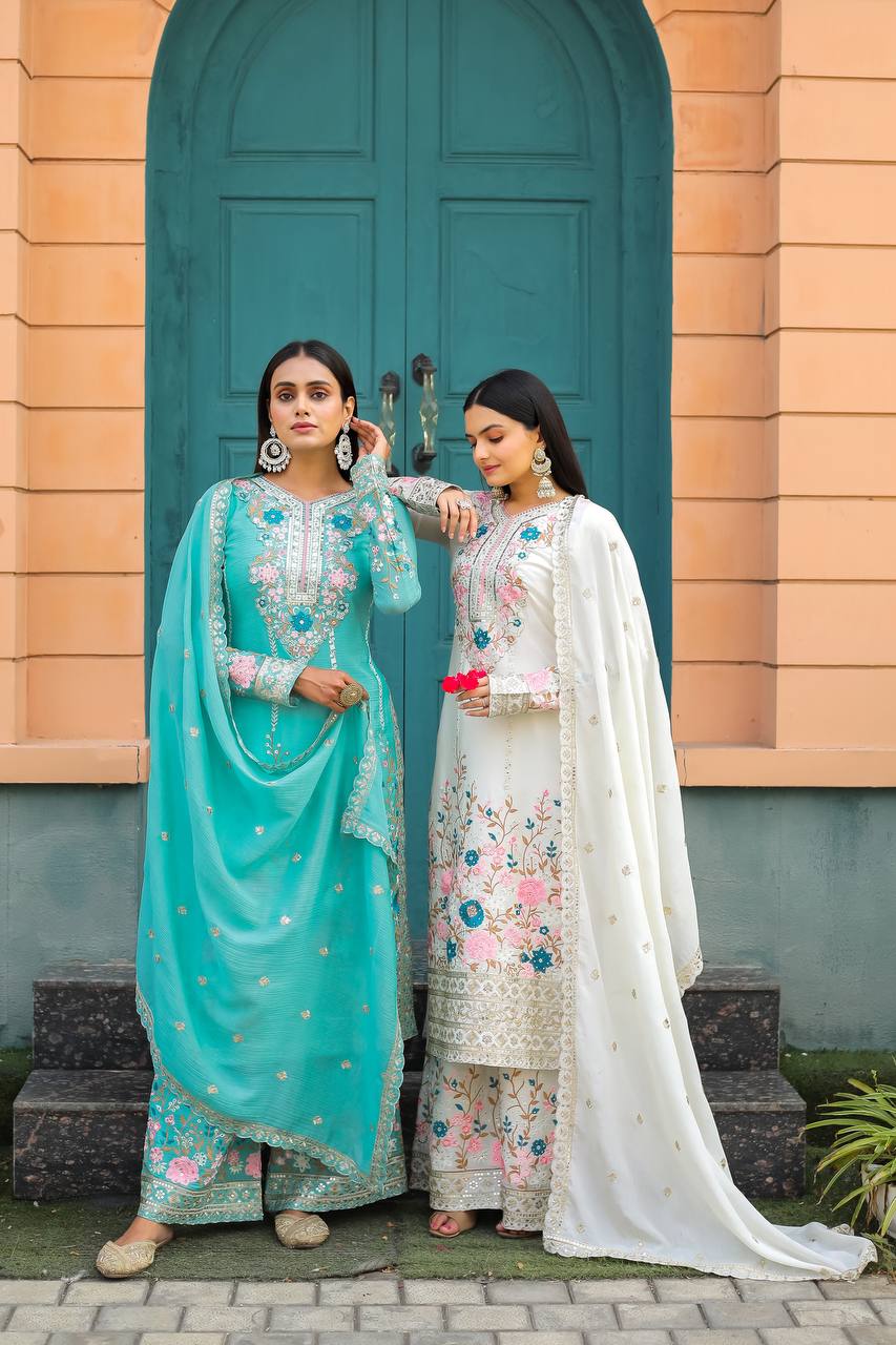 "Launching New 🦋 Đěsigner Party Wear Look Pur Chinon Silk Top Plazzo & Dupatta Set"