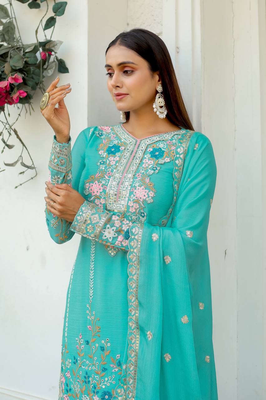 "Launching New 🦋 Đěsigner Party Wear Look Pur Chinon Silk Top Plazzo & Dupatta Set"