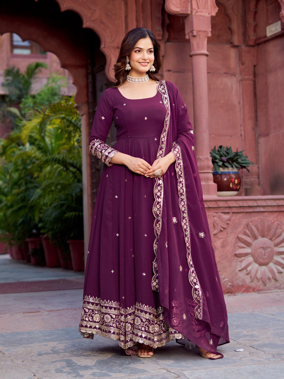 "Embroidered Gown with Pant and Dupatta Set | Krushi Life Style
