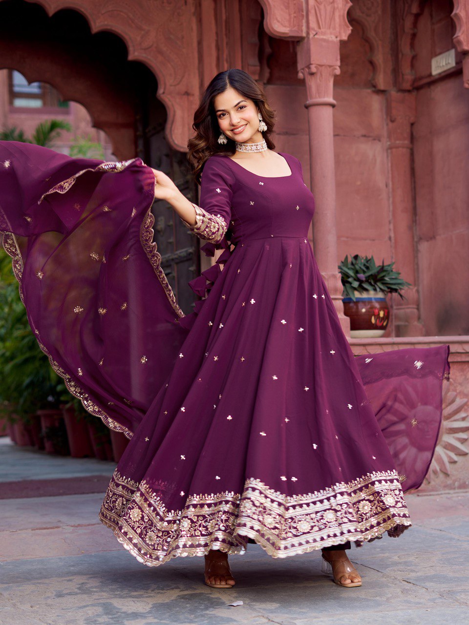 "Embroidered Gown with Pant and Dupatta Set | Krushi Life Style