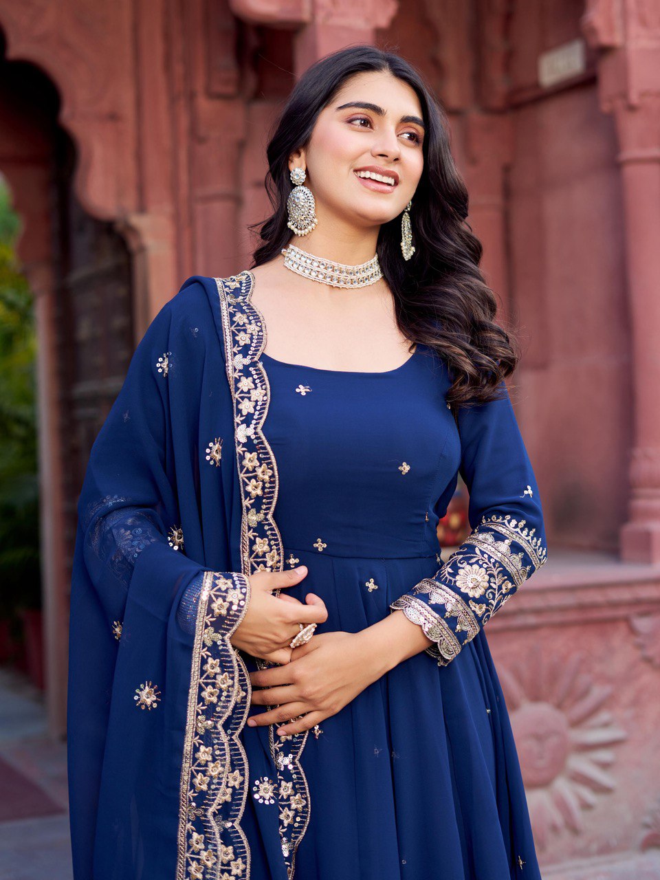 "Embroidered Gown with Pant and Dupatta Set | Krushi Life Style
