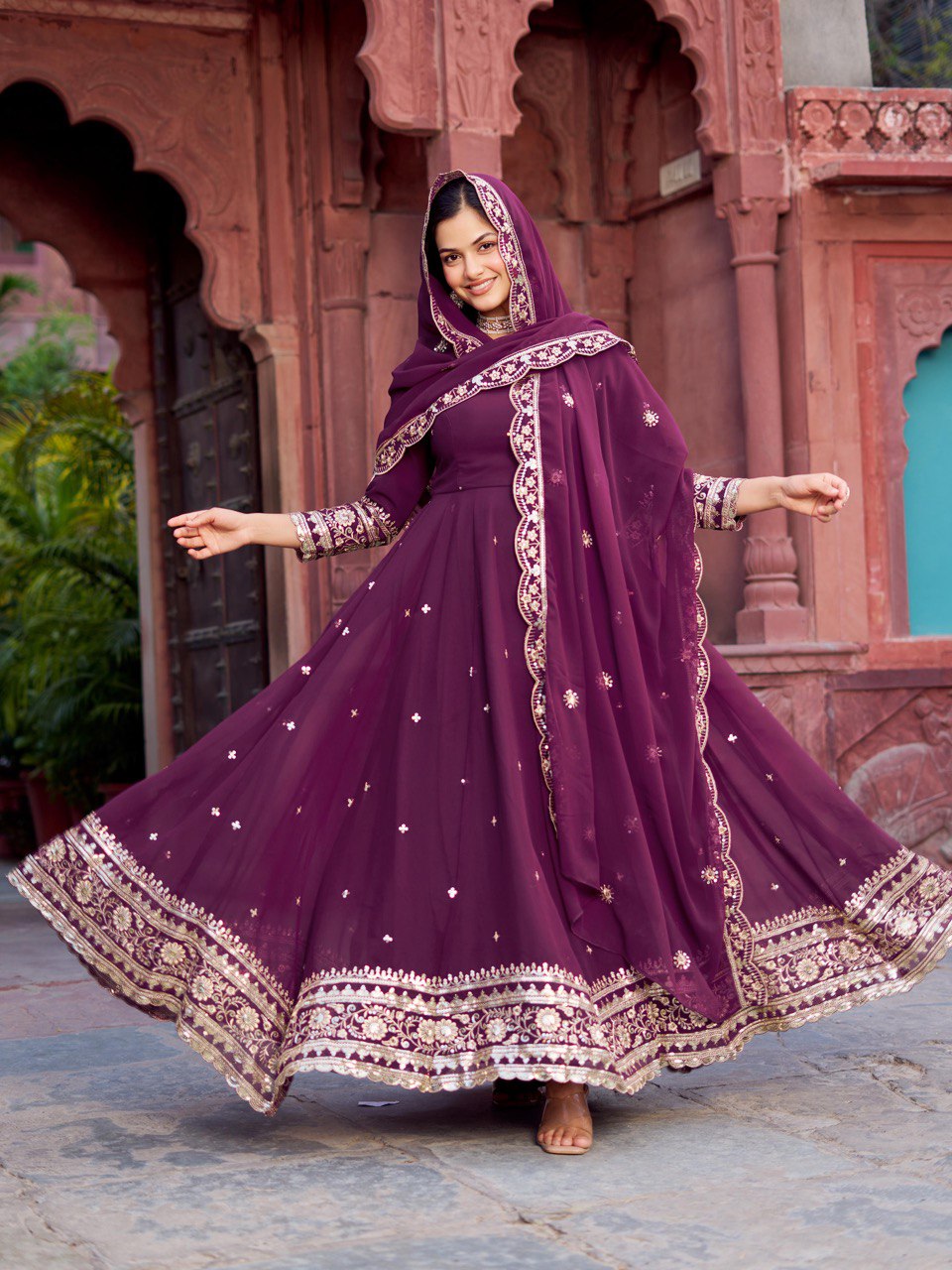 "Embroidered Gown with Pant and Dupatta Set | Krushi Life Style