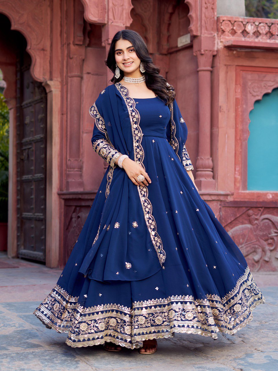 "Embroidered Gown with Pant and Dupatta Set | Krushi Life Style