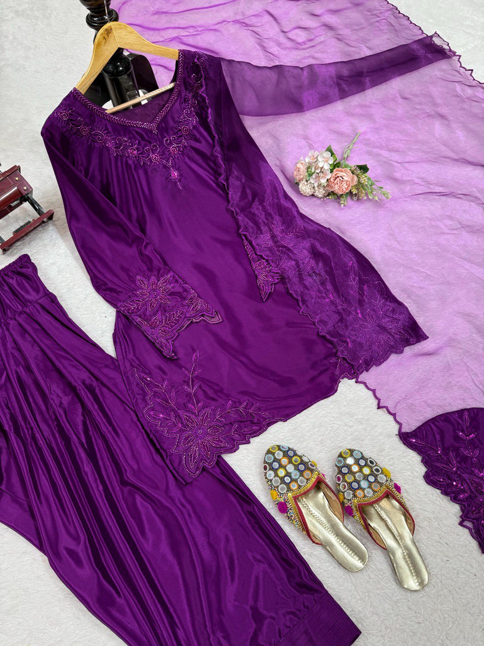 "Silken Shine – Purple Embroidered Suit Set | Krushi Life Style "