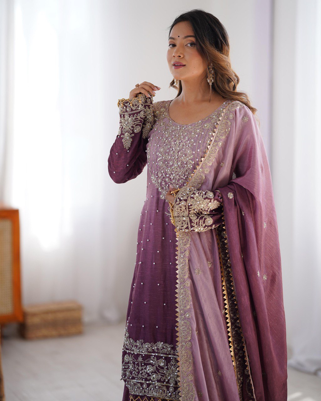 "Elegant Lilac Embroidered Sharara Set – Traditional Festive Wear for Women | krushi life style