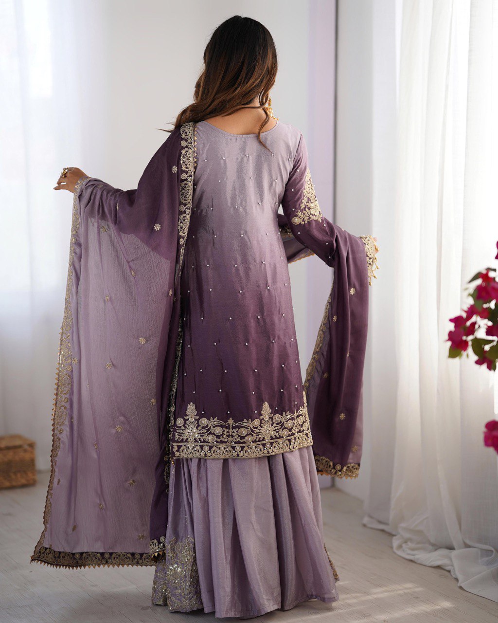 "Elegant Lilac Embroidered Sharara Set – Traditional Festive Wear for Women | krushi life style