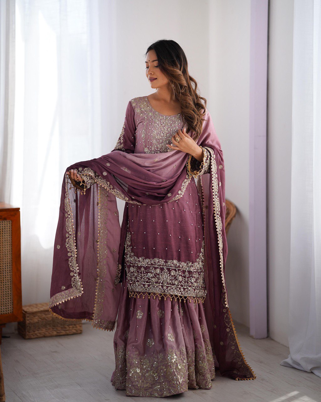 "Elegant Lilac Embroidered Sharara Set – Traditional Festive Wear for Women | krushi life style